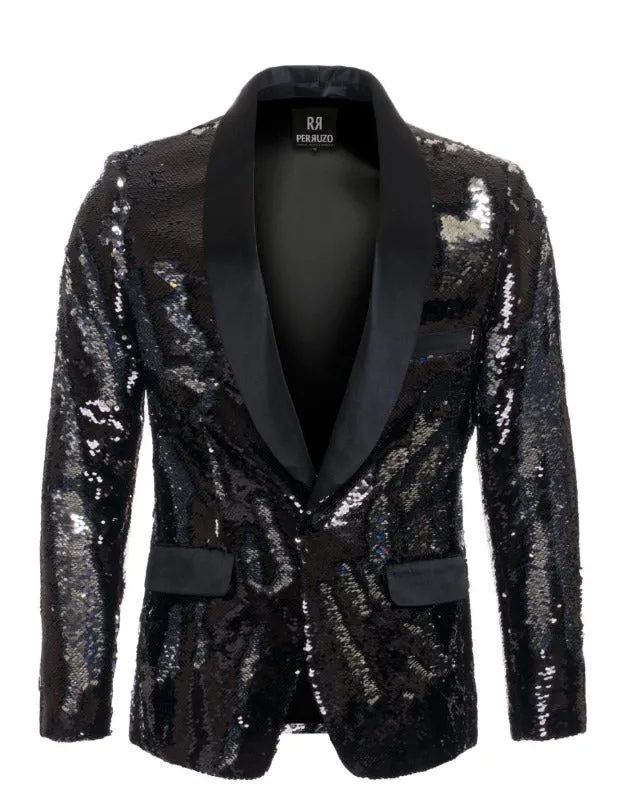 1 Button Reversible Sequin Blazer In Black and Silver Cheap Prom Tuxedos