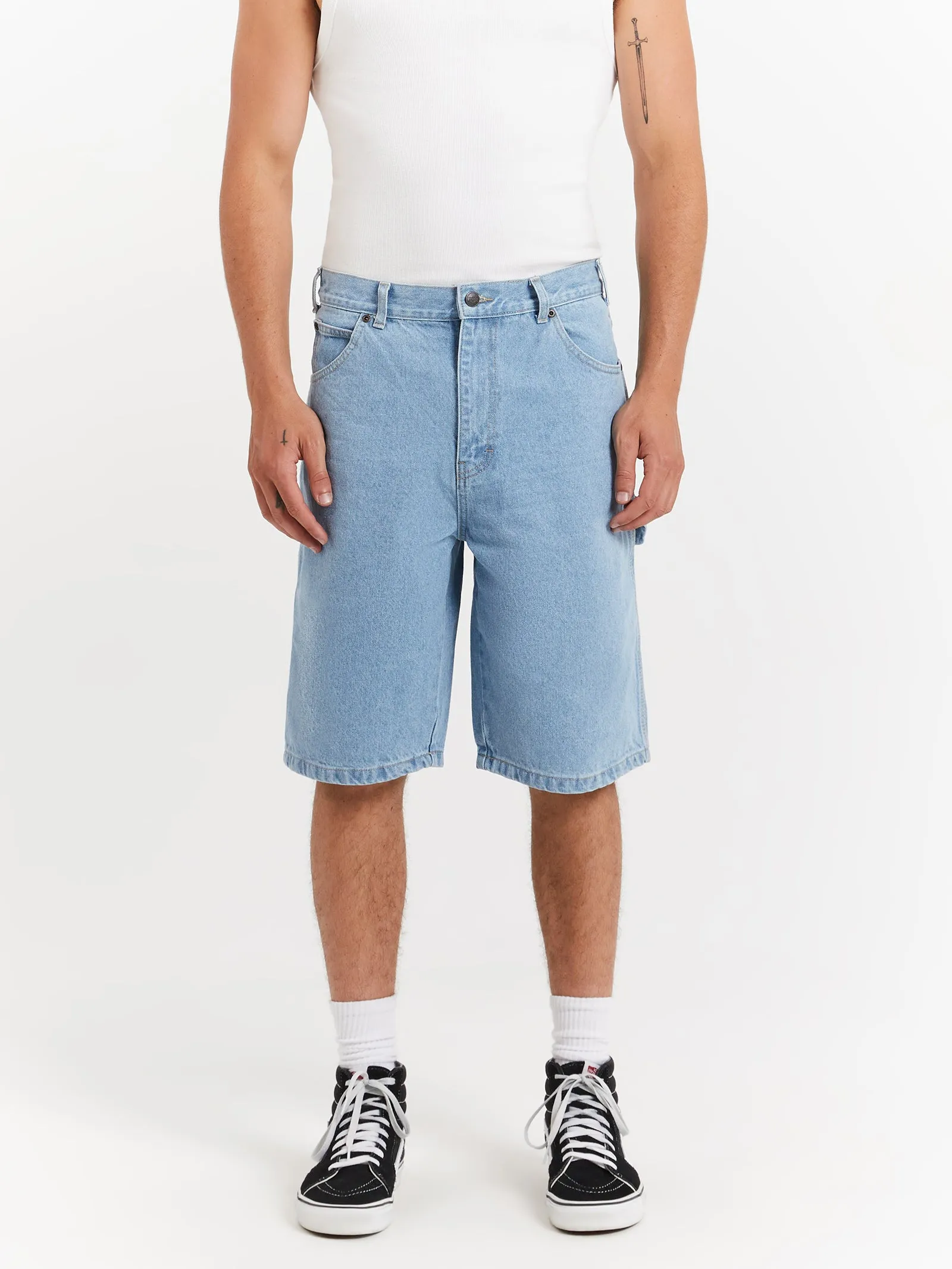 11' Relaxed Fit Carpenter Denim Shorts in Light Indigo