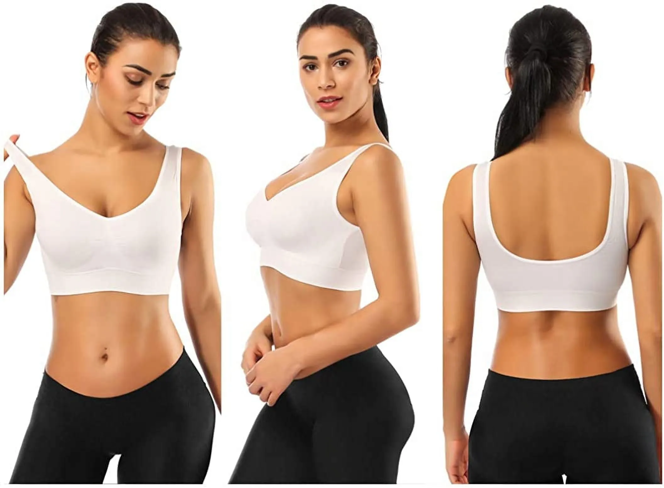 3 Pack Sports Bras for Women,Seamless Comfortable Bras Set with Removable Pads for Sleep,Pull on Closure plus Size,Black White Nude,Xxl