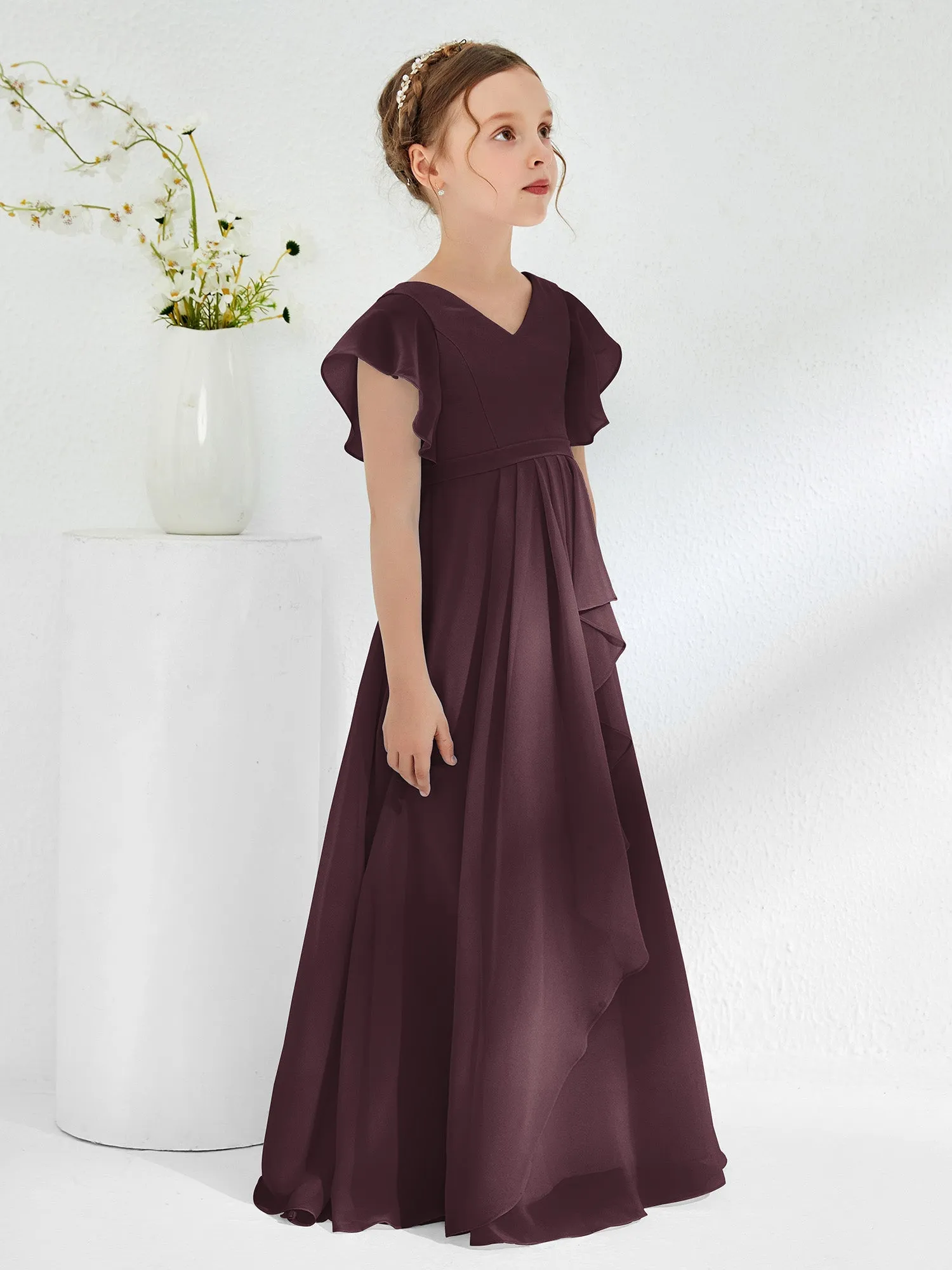 A-line Flutter Sleeves Junior Bridesmaid Dresses Cabernet