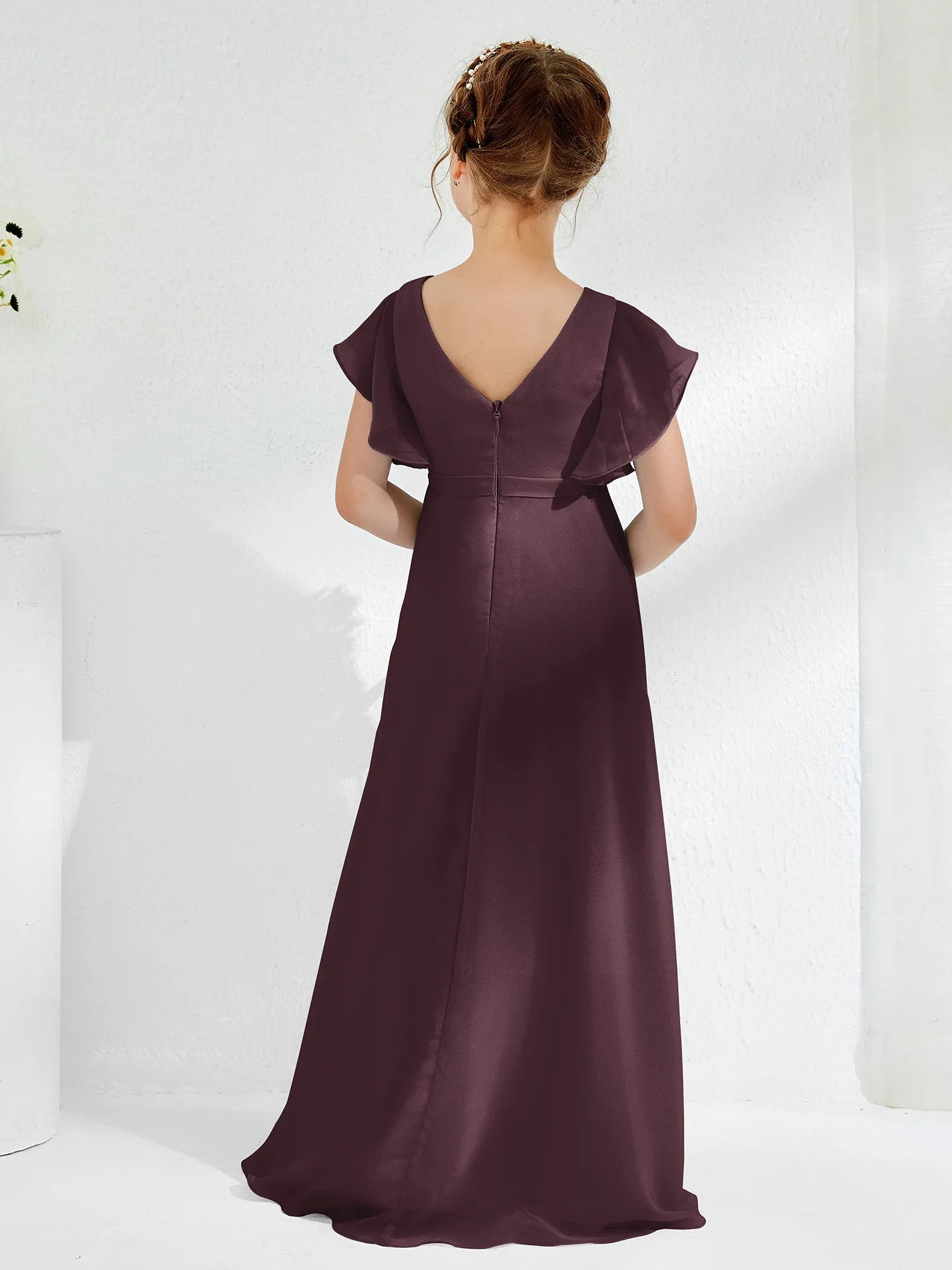 A-line Flutter Sleeves Junior Bridesmaid Dresses Cabernet