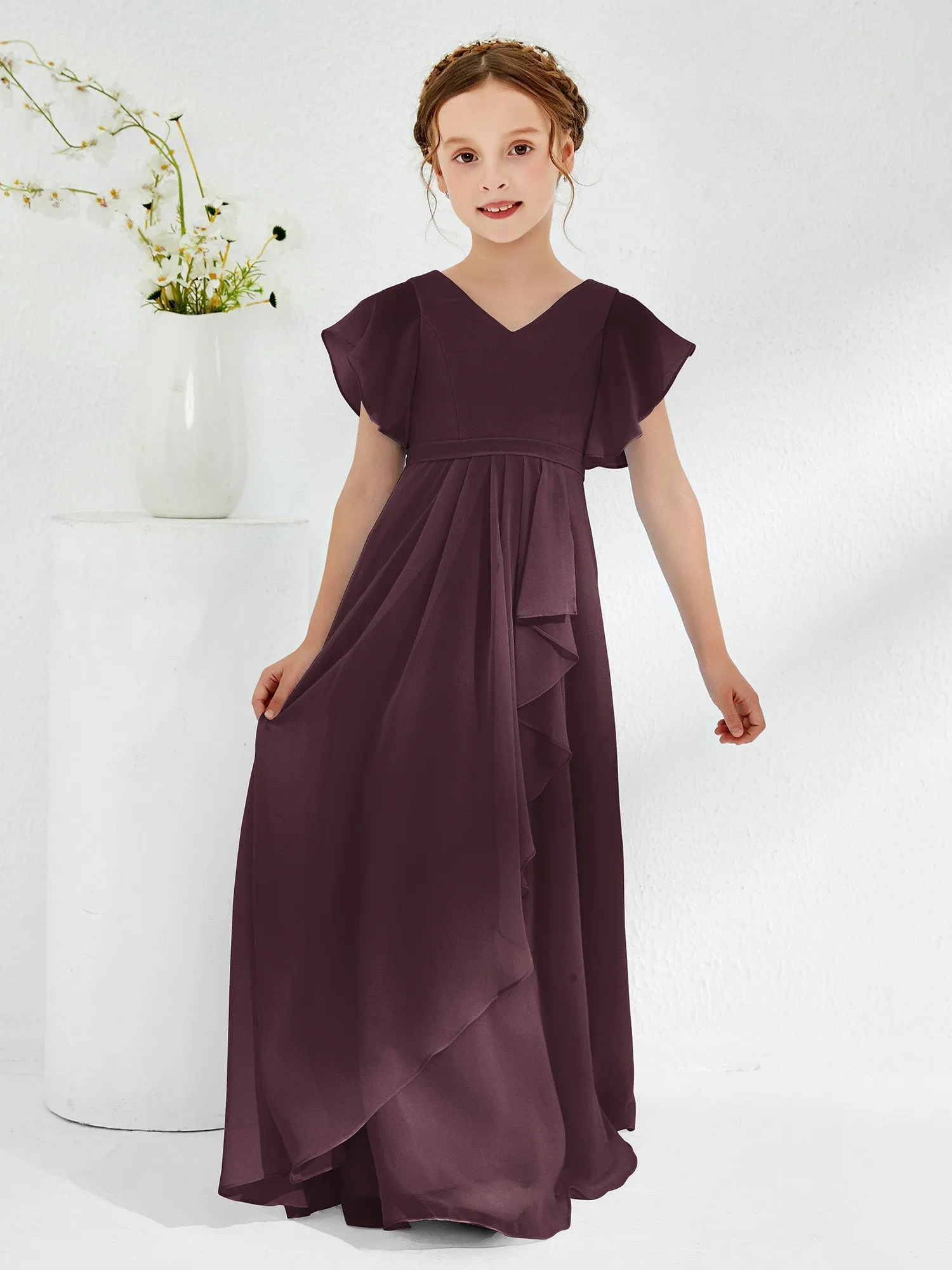 A-line Flutter Sleeves Junior Bridesmaid Dresses Cabernet