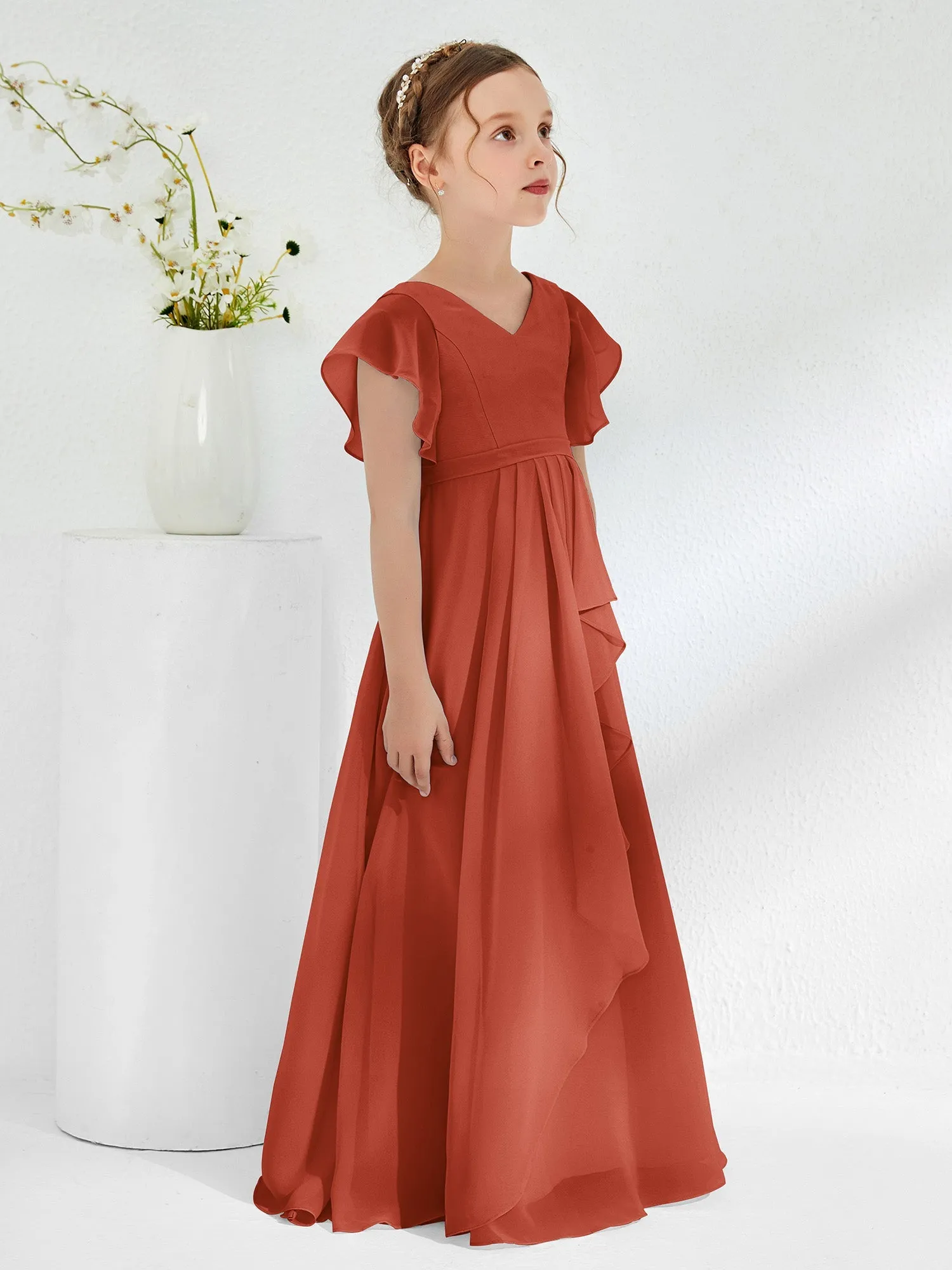 A-line Flutter Sleeves Junior Bridesmaid Dresses Rust