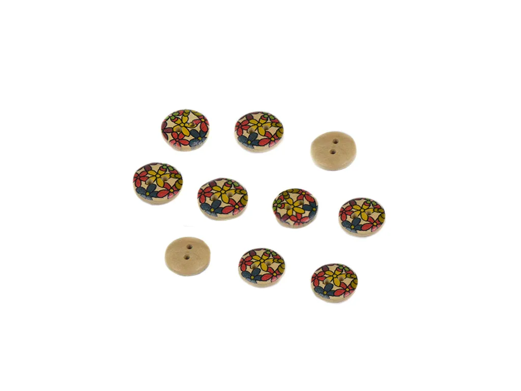 Beige Multicolour Floral Printed 2 Hole Wooden Buttons