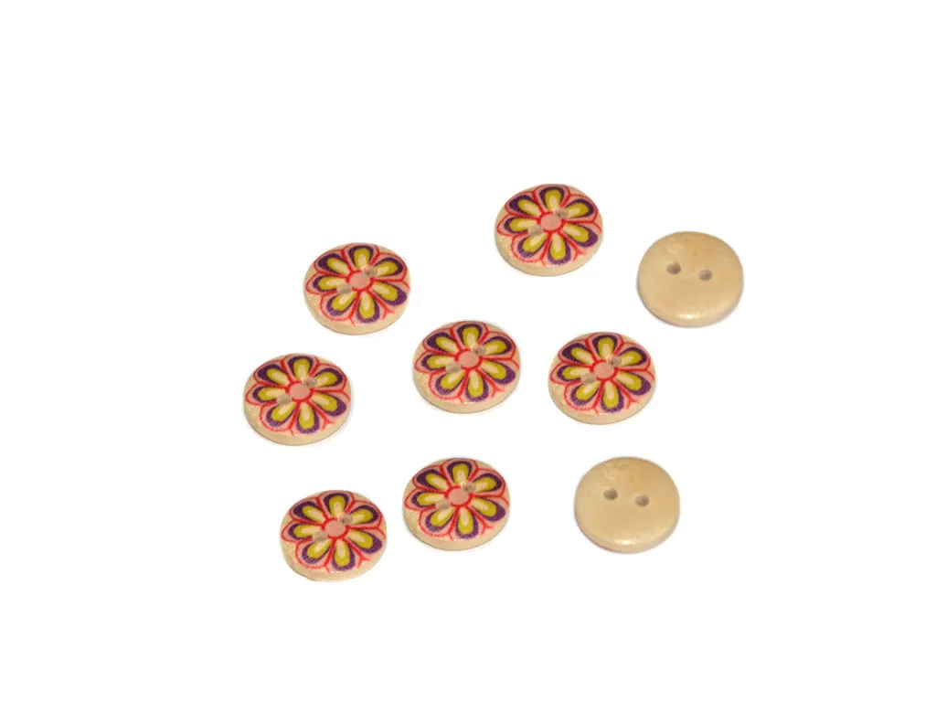 Beige Pink Purple Floral Printed 2 Hole Wooden Buttons