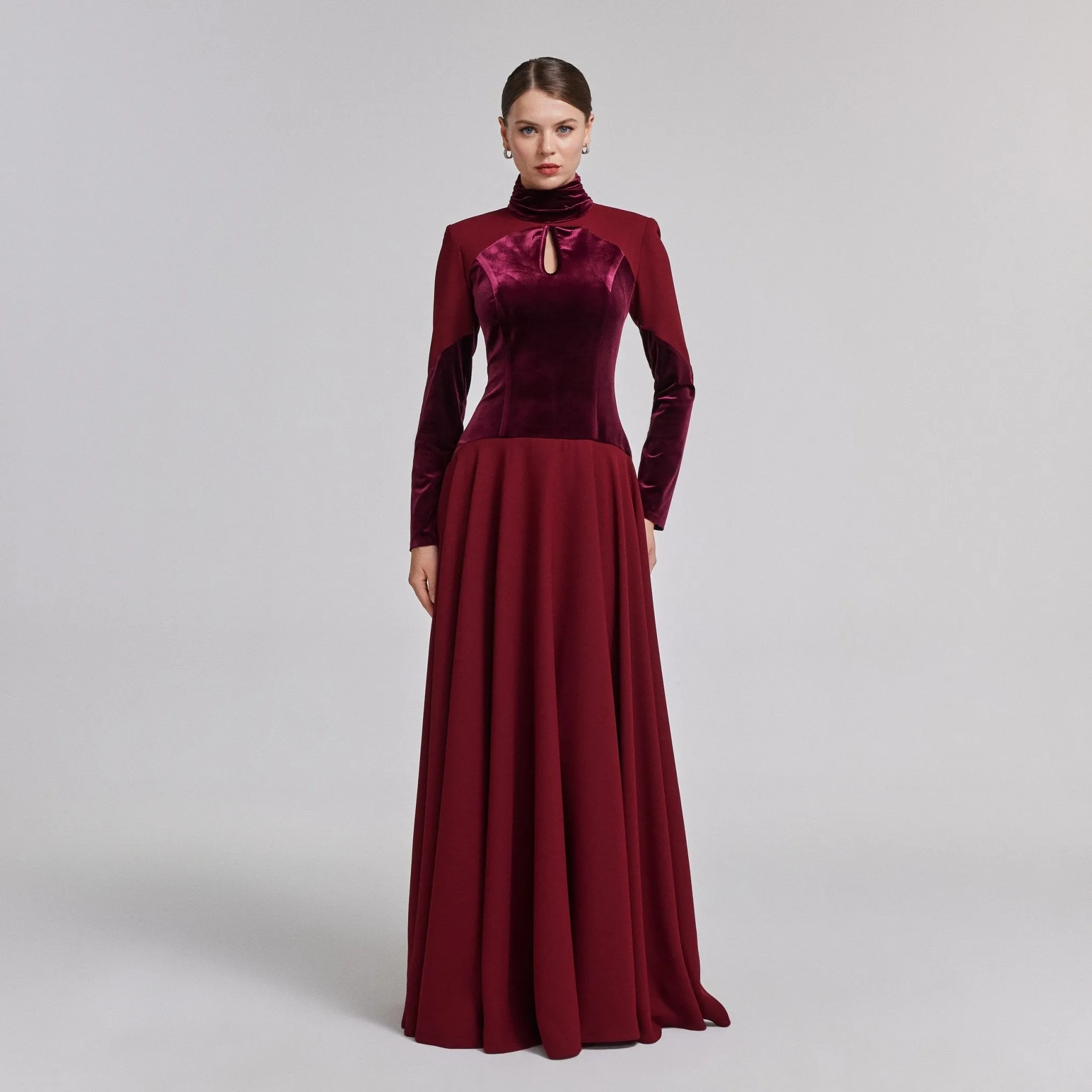 Burgundy Velvet-Crepe Maxi Dress with Pleated Skirt