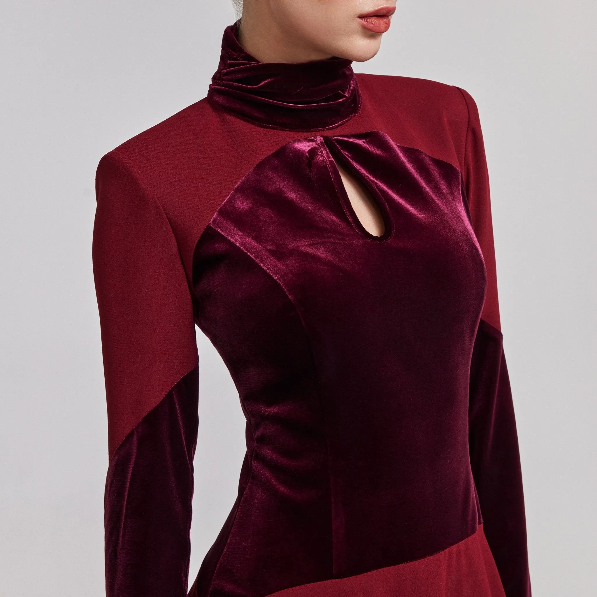 Burgundy Velvet-Crepe Maxi Dress with Pleated Skirt