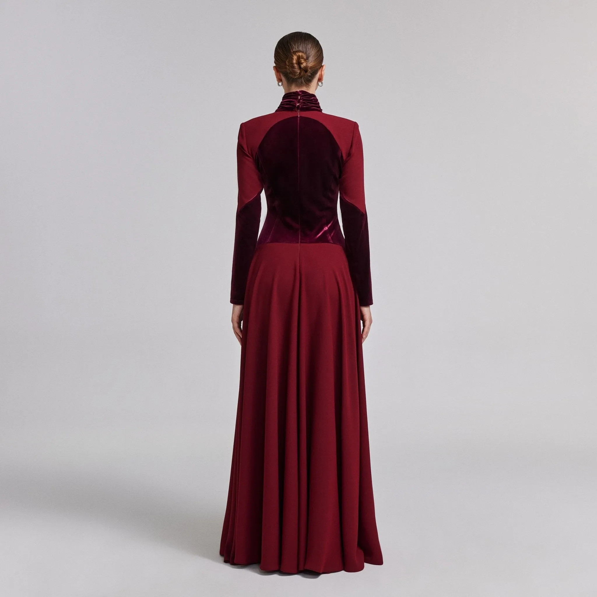 Burgundy Velvet-Crepe Maxi Dress with Pleated Skirt