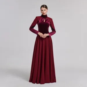 Burgundy Velvet-Crepe Maxi Dress with Pleated Skirt