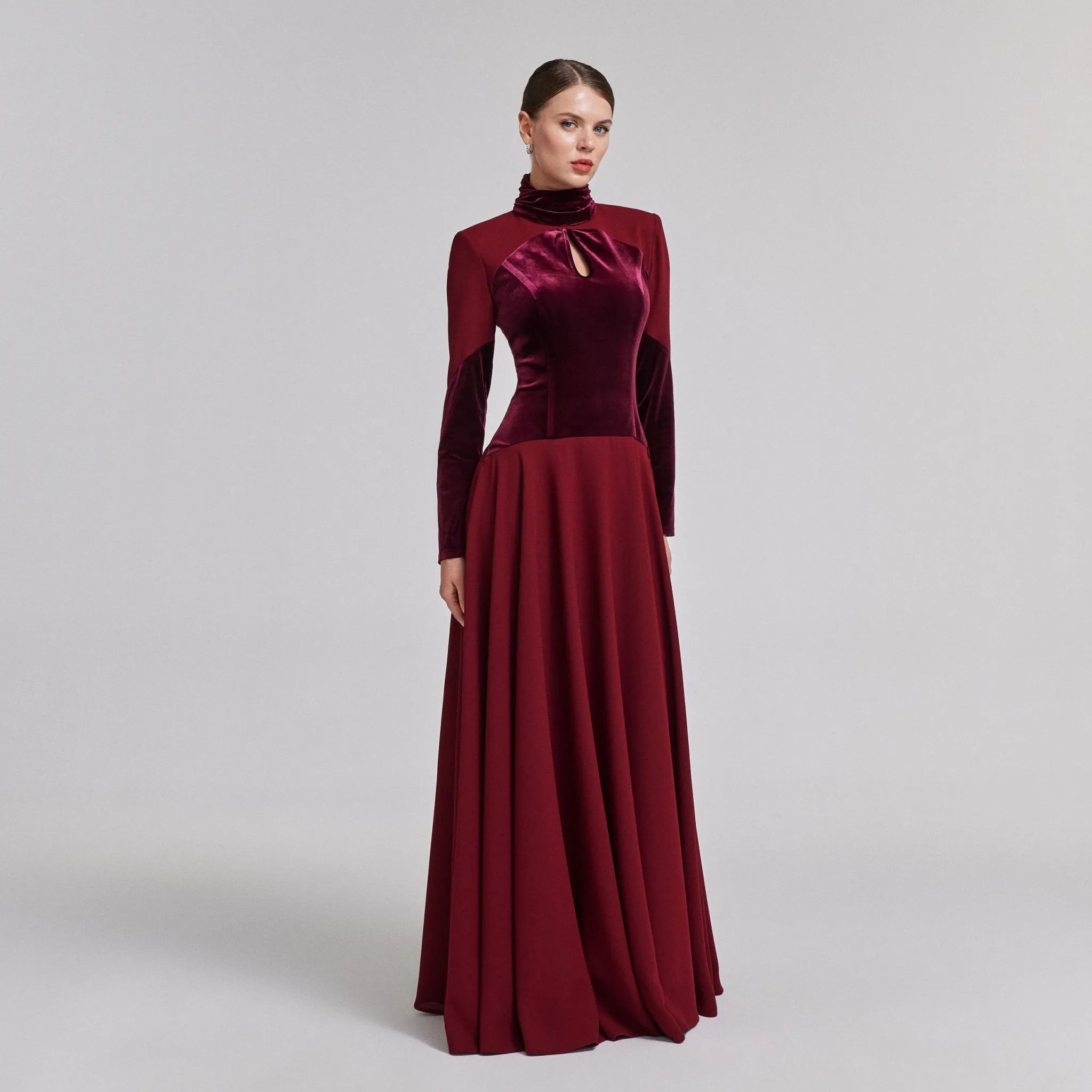 Burgundy Velvet-Crepe Maxi Dress with Pleated Skirt