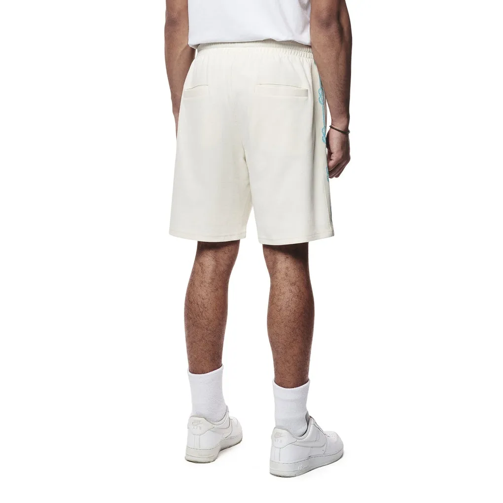 Crest Embroidered Striped Waffle Knit Shorts - Oatmeal