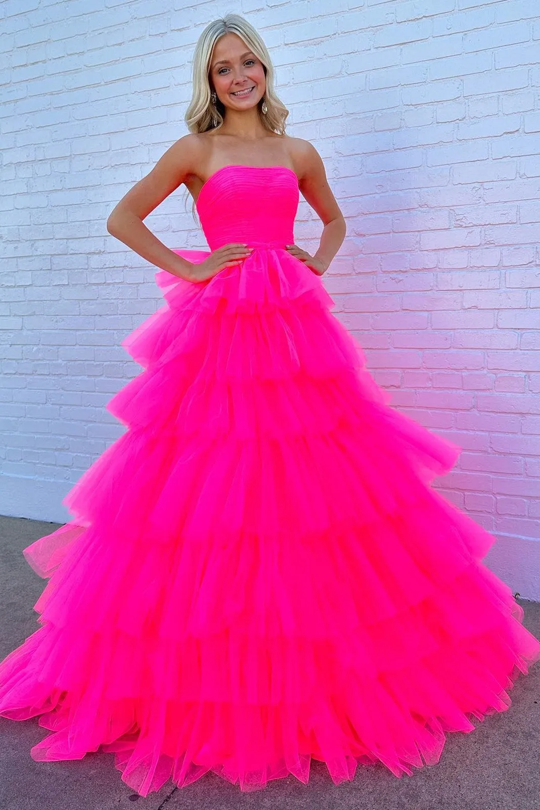 Daleyza |A-Line Strapless Tiered Tulle Prom Dress with Ruffles