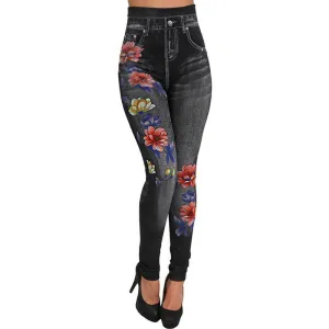 Floral Imitation Denim Leggings