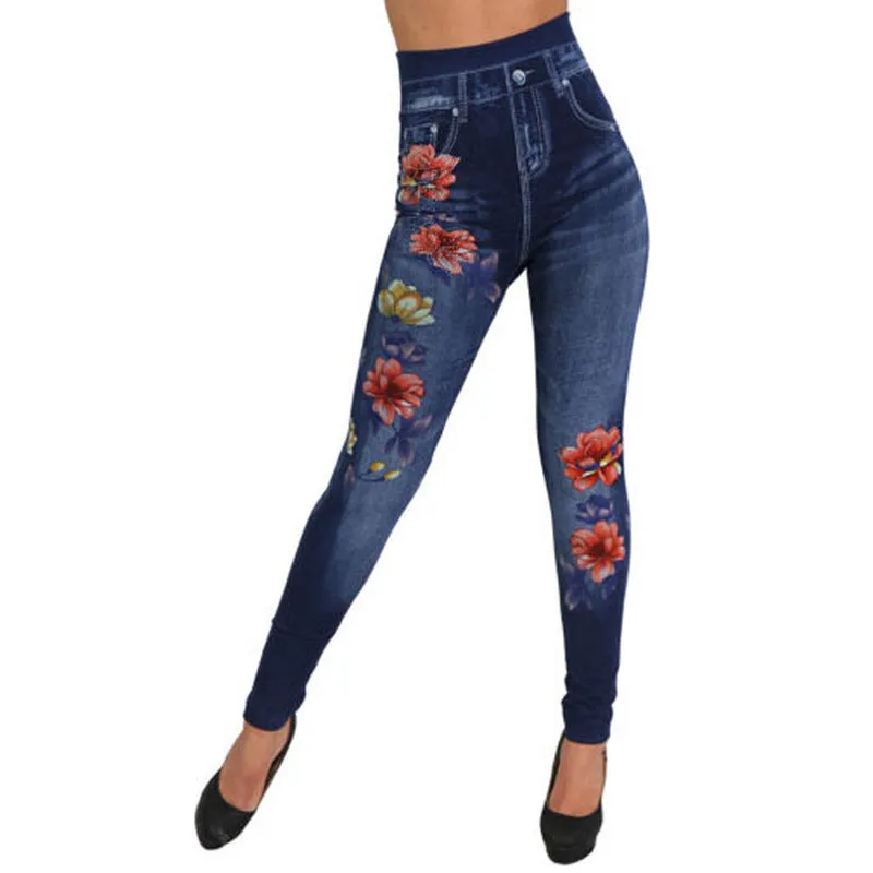 Floral Imitation Denim Leggings