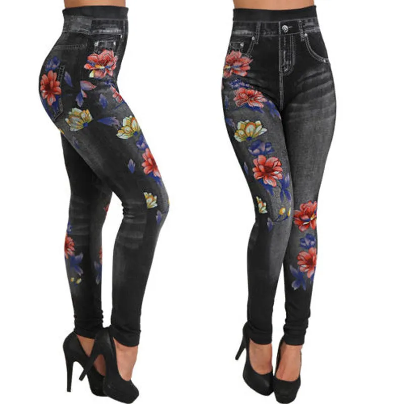 Floral Imitation Denim Leggings