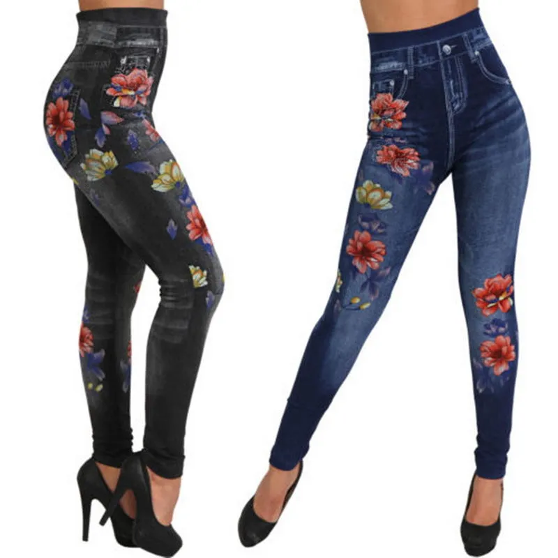 Floral Imitation Denim Leggings