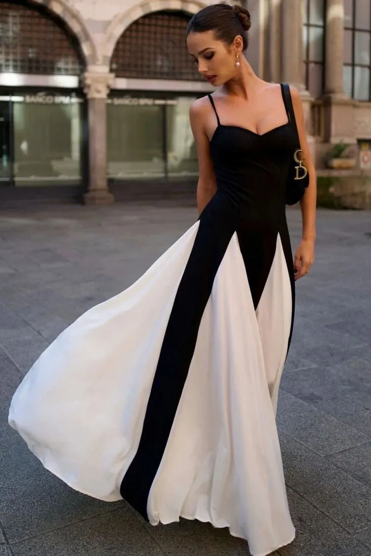 French Style Spaghetti Strap Sleeveless Contrast Godet Evening Maxi Dress