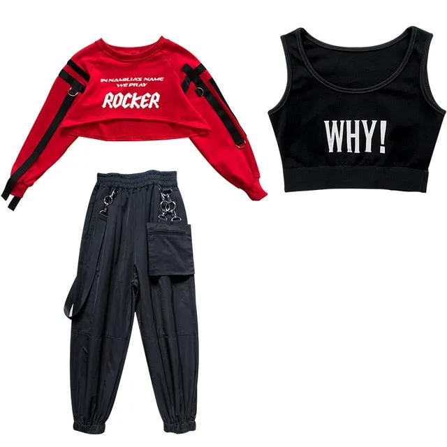 #H5301 Girls Hip Hop Red Top- Black Pants- Casual Street Dance Wear -Jazz Performance Clothes