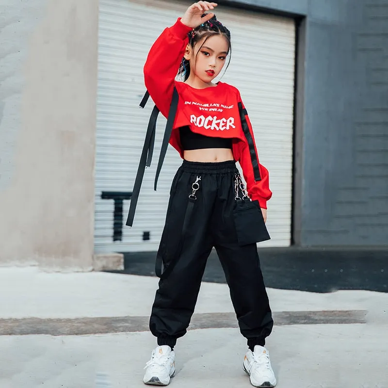 #H5301 Girls Hip Hop Red Top- Black Pants- Casual Street Dance Wear -Jazz Performance Clothes