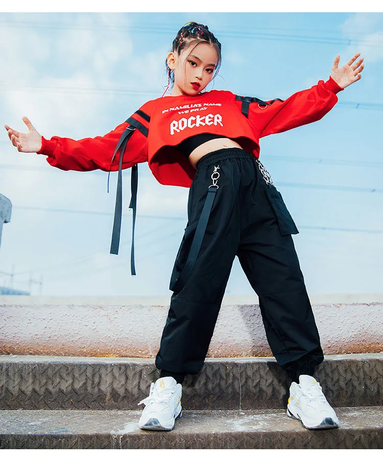 #H5301 Girls Hip Hop Red Top- Black Pants- Casual Street Dance Wear -Jazz Performance Clothes