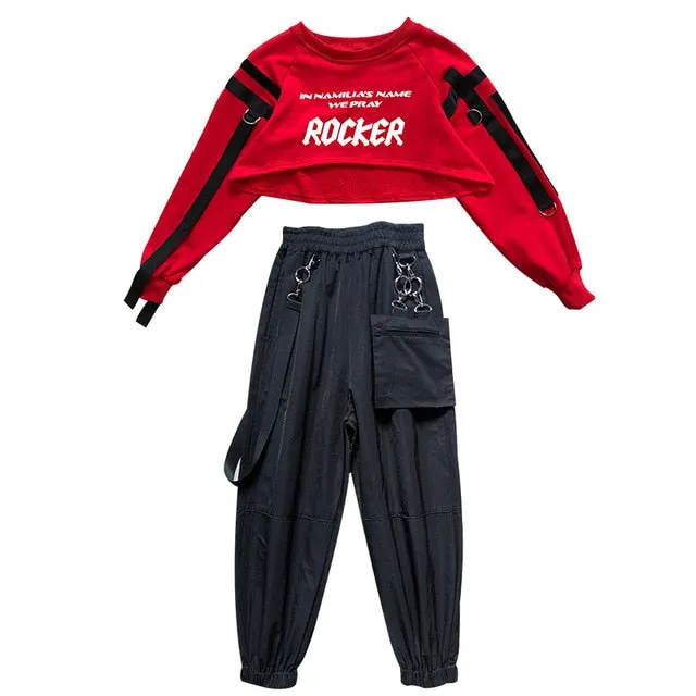 #H5301 Girls Hip Hop Red Top- Black Pants- Casual Street Dance Wear -Jazz Performance Clothes