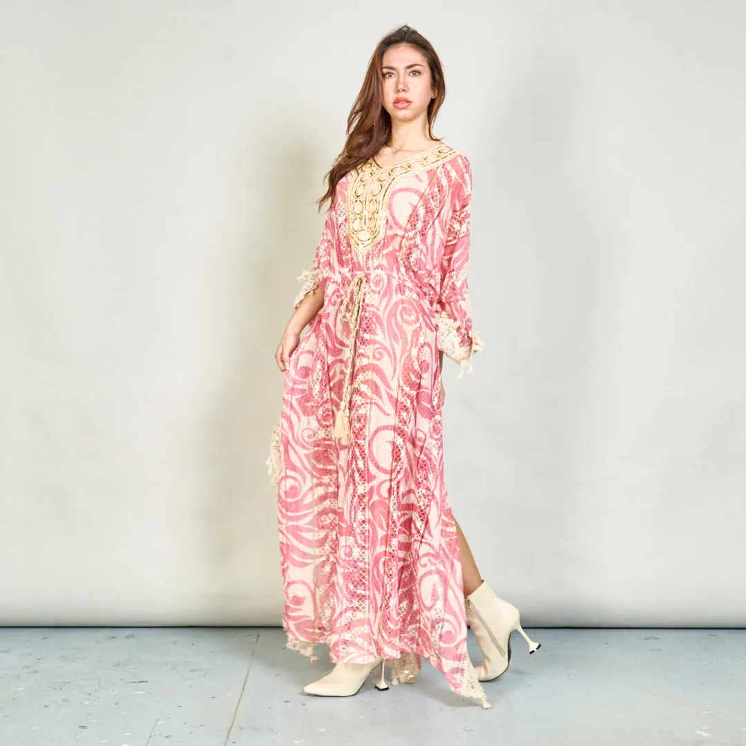 Lace kaftan dress with embroidered neckline wholesale