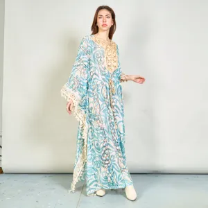 Lace kaftan dress with embroidered neckline wholesale