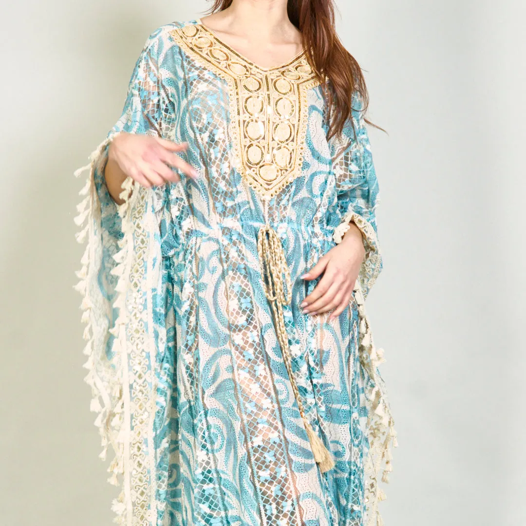 Lace kaftan dress with embroidered neckline wholesale