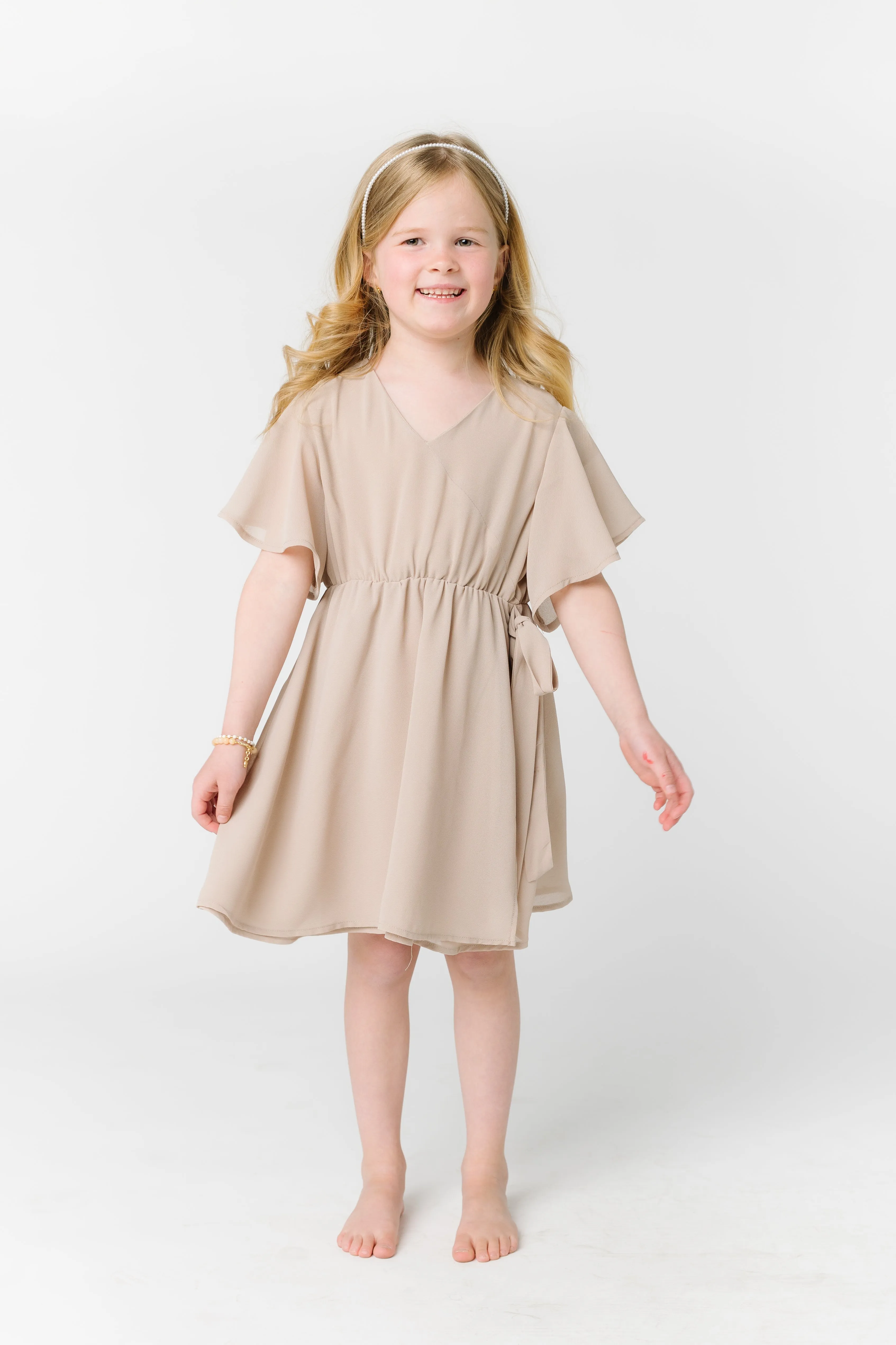 Little Naples Flutter Sleeve Girl's Dress - Taupe