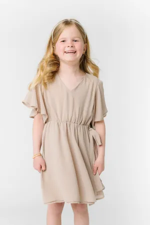 Little Naples Flutter Sleeve Girl's Dress - Taupe