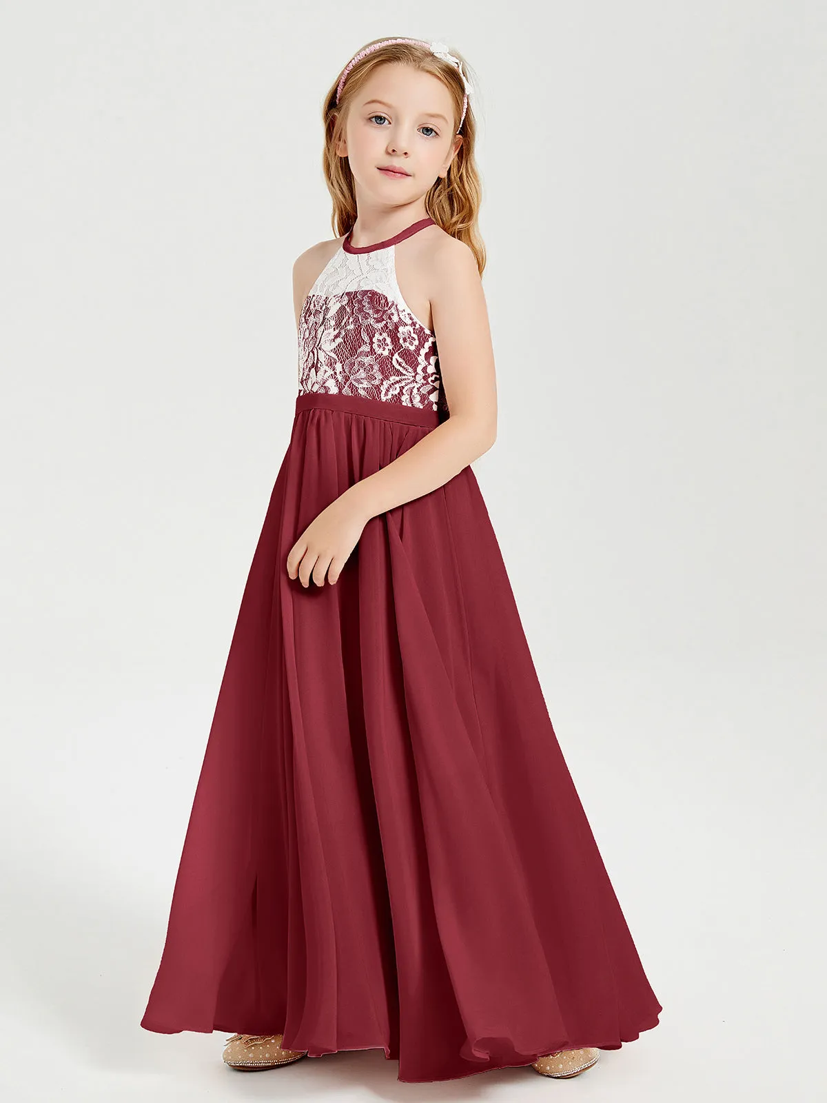 Long Chiffon Bridesmaid Dresses Lace Top Burgundy