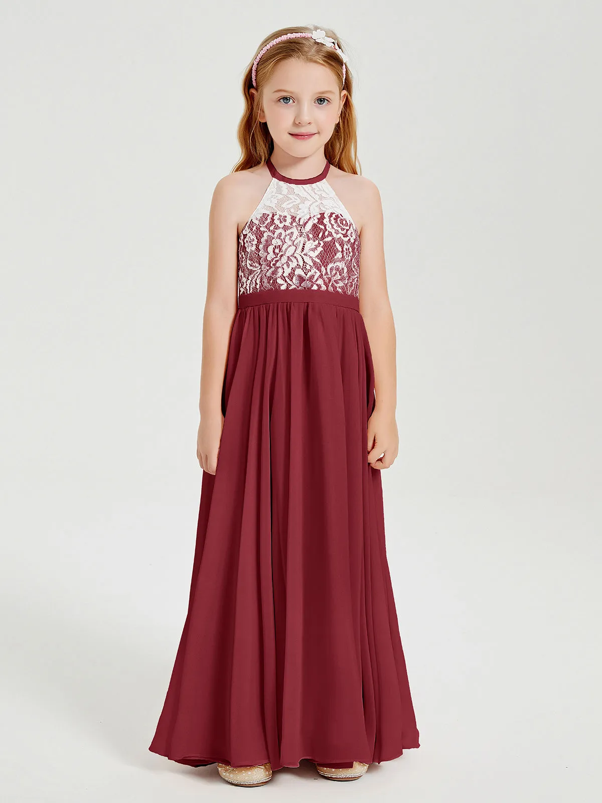 Long Chiffon Bridesmaid Dresses Lace Top Burgundy