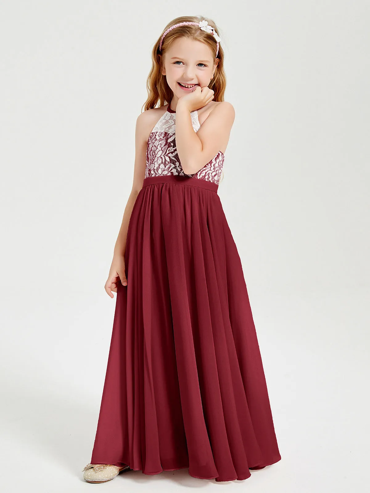 Long Chiffon Bridesmaid Dresses Lace Top Burgundy