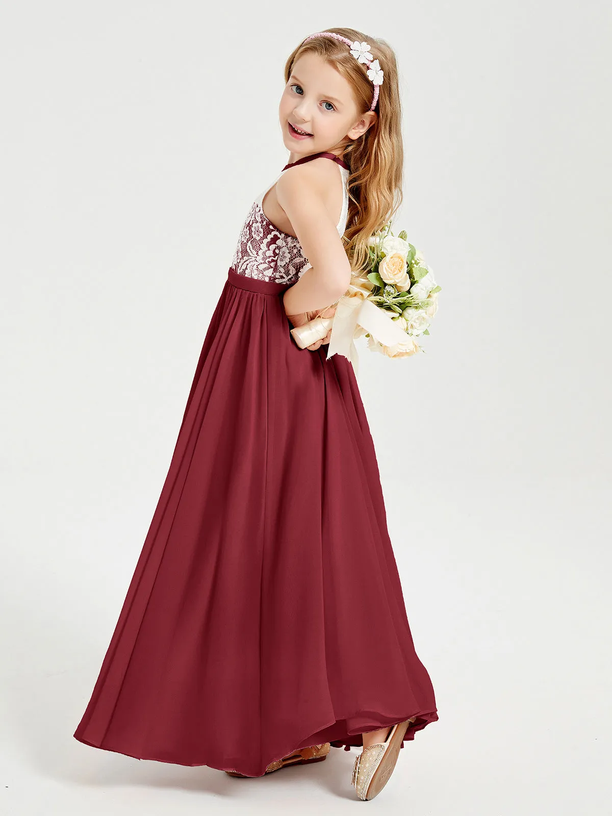 Long Chiffon Bridesmaid Dresses Lace Top Burgundy