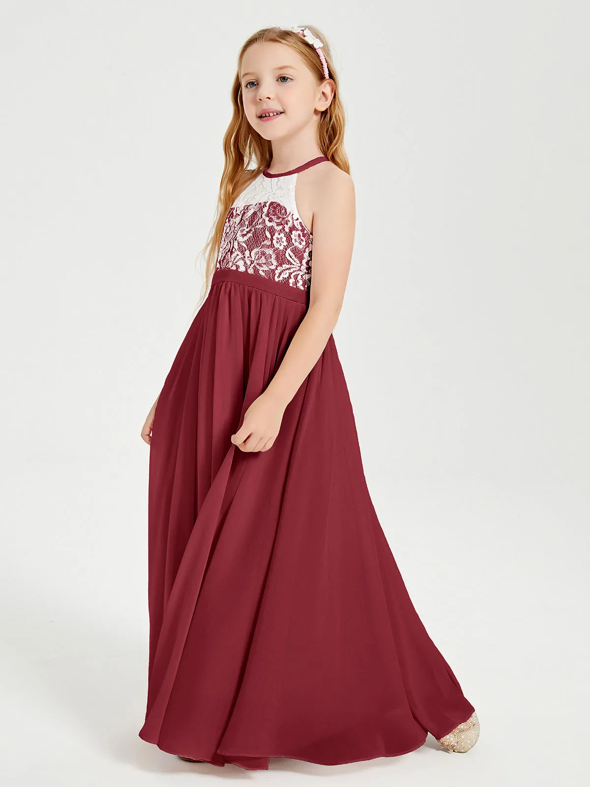 Long Chiffon Bridesmaid Dresses Lace Top Burgundy