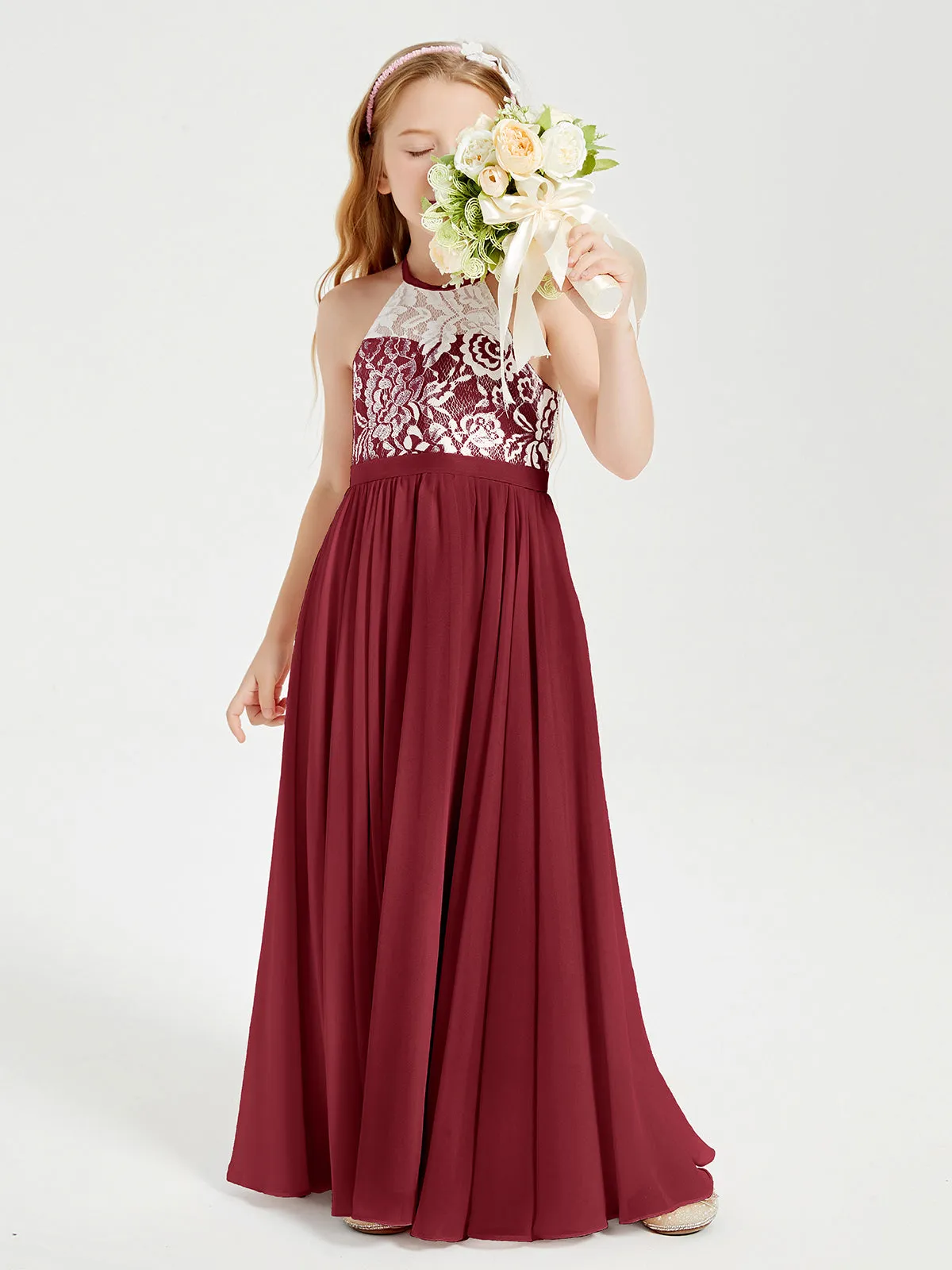 Long Chiffon Bridesmaid Dresses Lace Top Burgundy