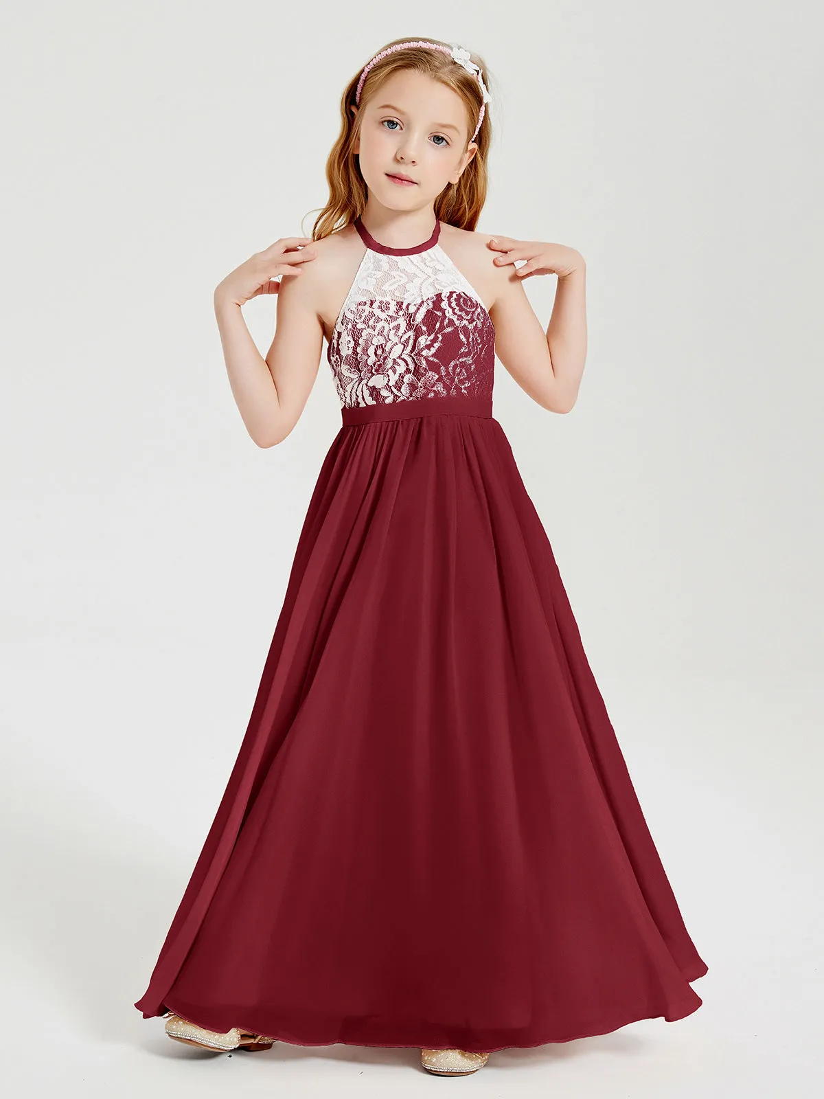 Long Chiffon Bridesmaid Dresses Lace Top Burgundy