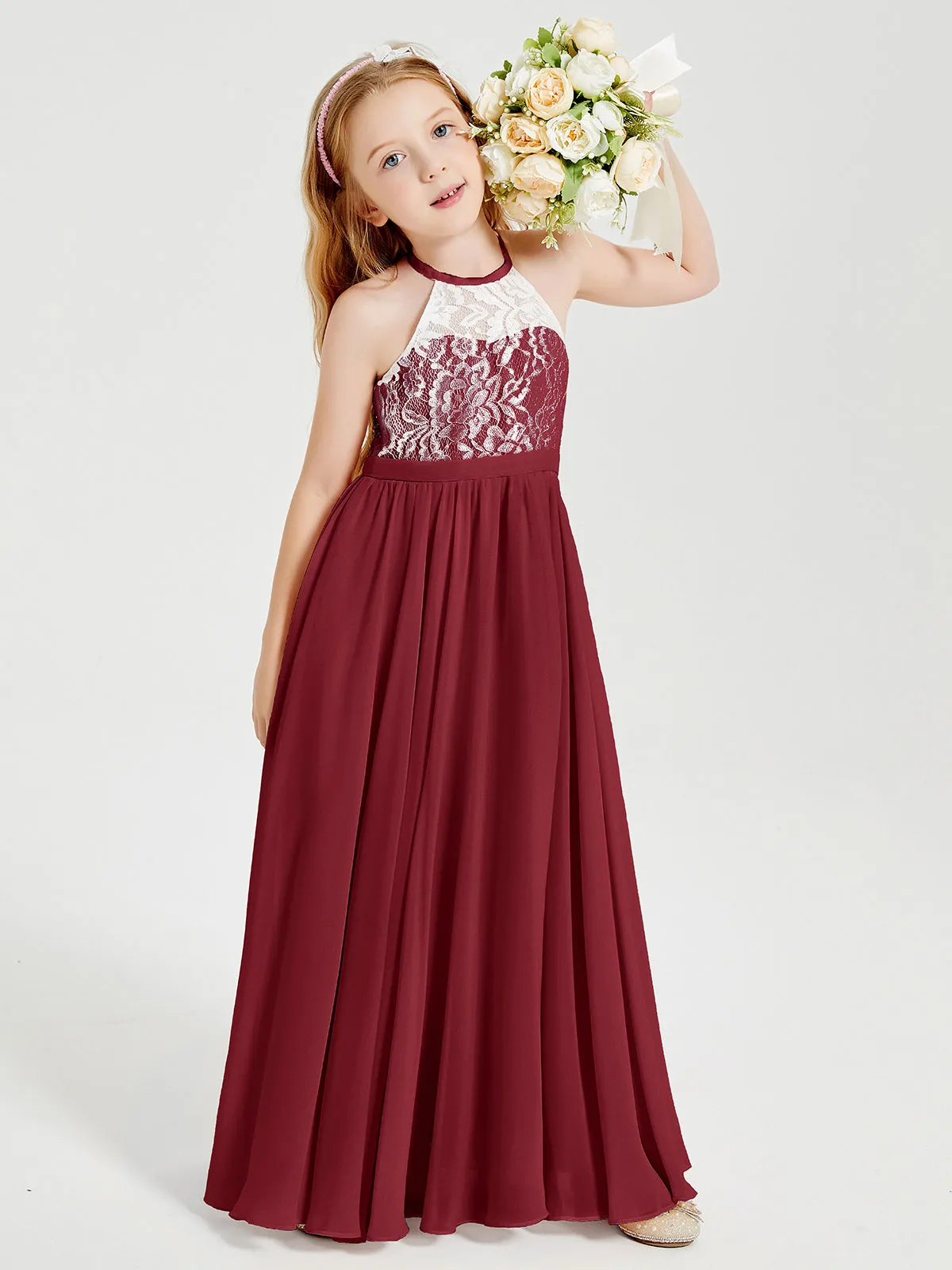 Long Chiffon Bridesmaid Dresses Lace Top Burgundy