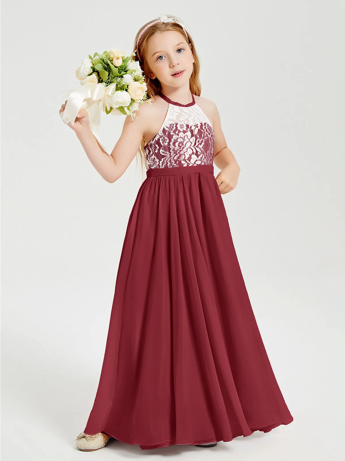 Long Chiffon Bridesmaid Dresses Lace Top Burgundy