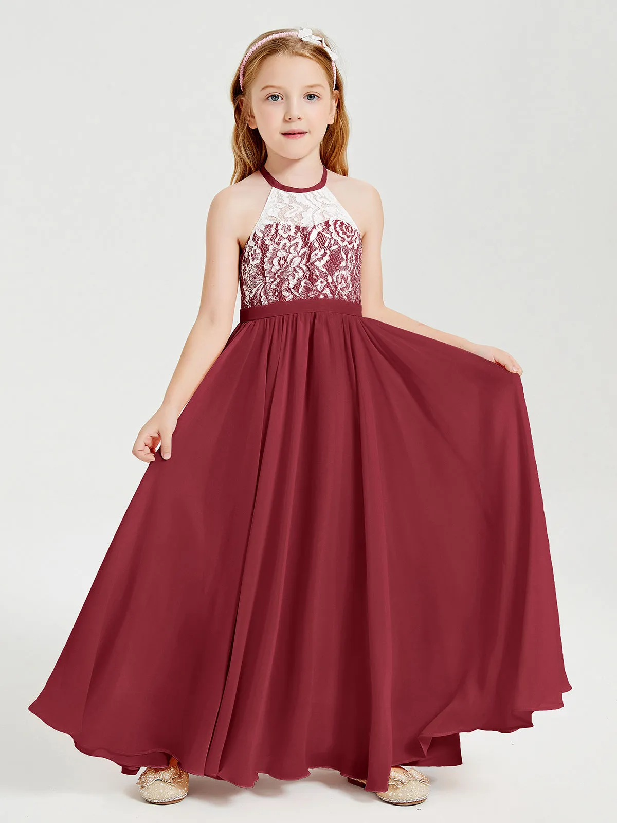 Long Chiffon Bridesmaid Dresses Lace Top Burgundy