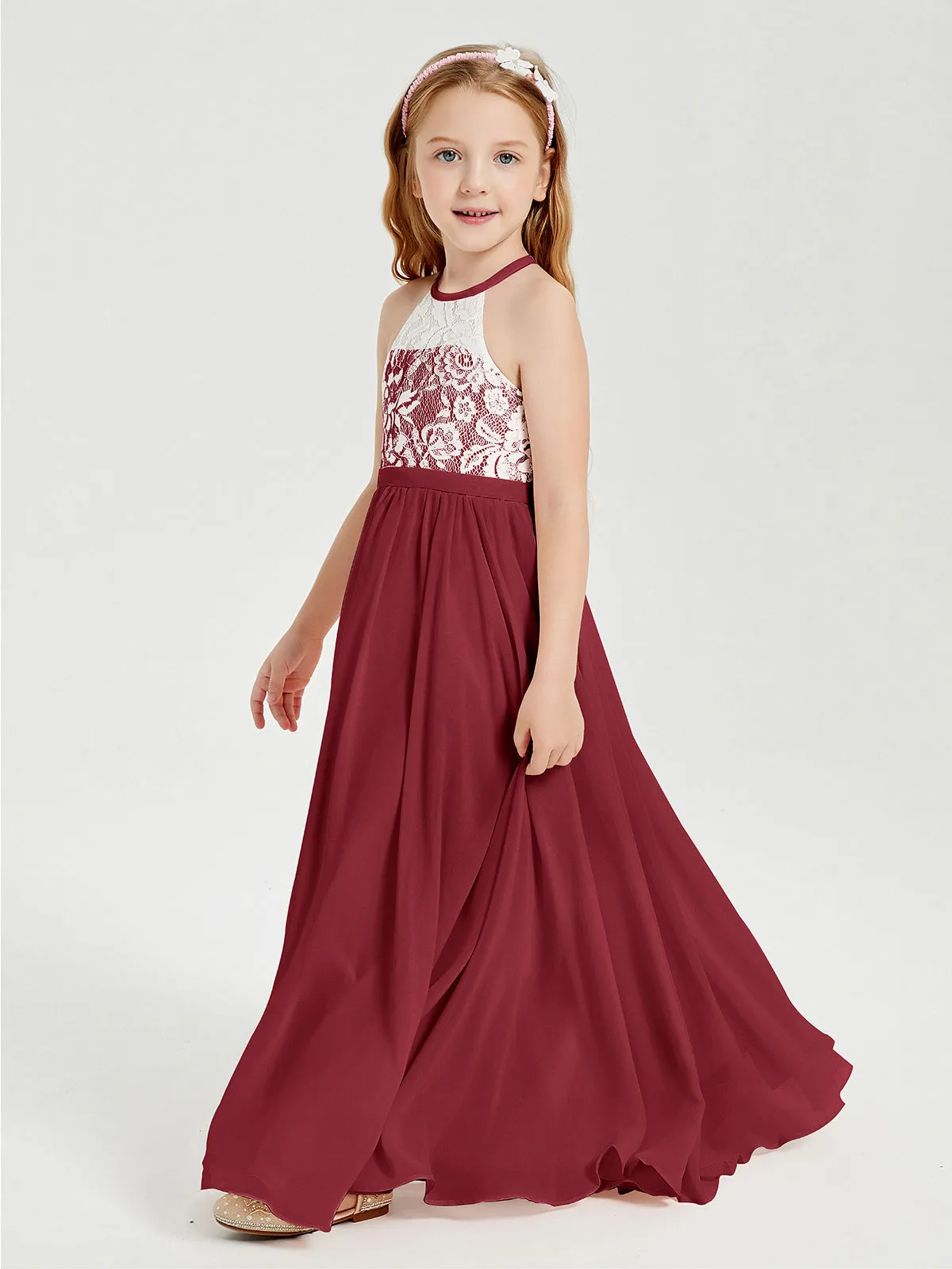 Long Chiffon Bridesmaid Dresses Lace Top Burgundy