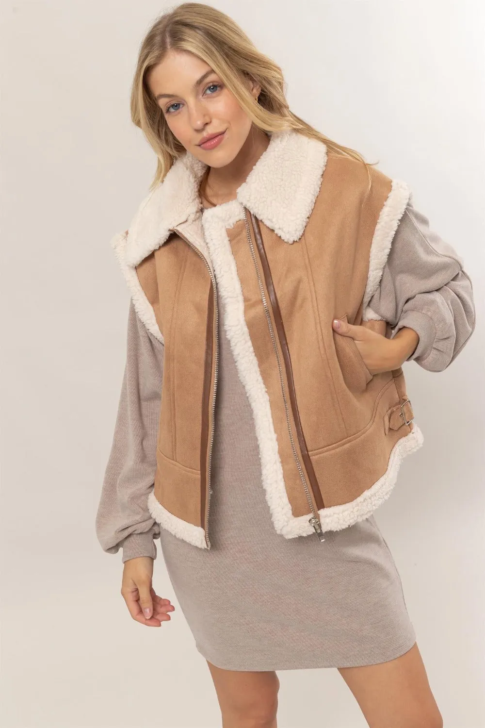 Marissa Fur-Contrast Zip Up Suede Vest