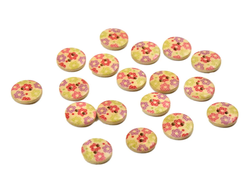 Multicolour 4 Floral Printed 2 Hole Wooden Buttons