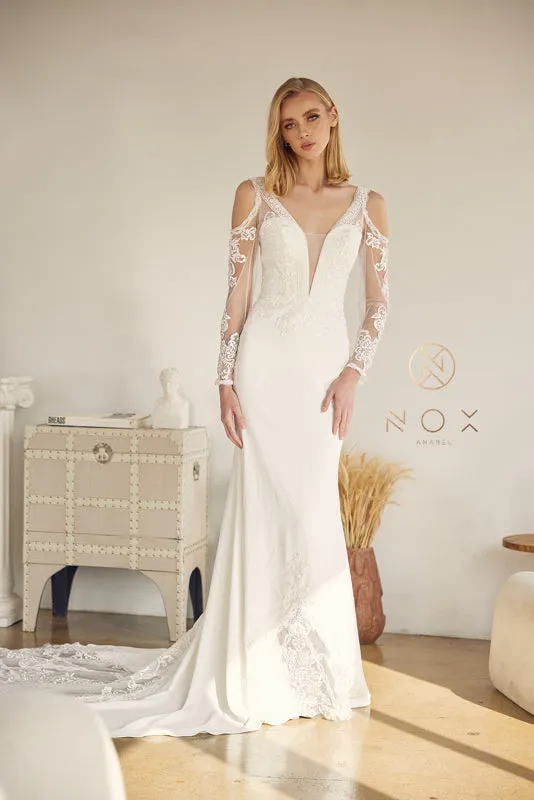 NOX ANABEL JE916 Embroidered Long Sleeve Bridal Gown