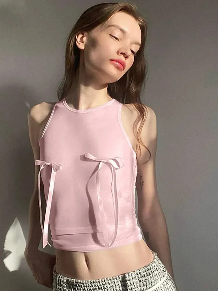 Pink Bow Crop Sleeveless Vest Streetwear Y2k Fairy Grunge Summer Solid Color Tube Baby Women's Tank Top