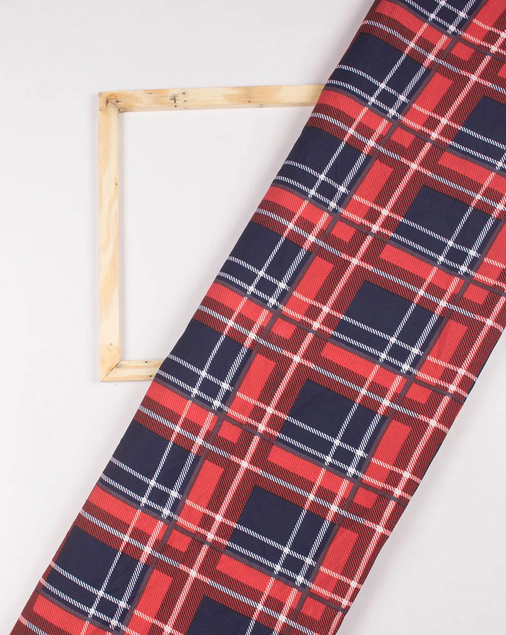 Red Navy Blue Checks Screen Print Crepe Fabric