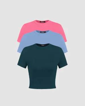 Set Of Three: Solid Round Neck Crop Tee In Dark Blue, Light Blue And Pink