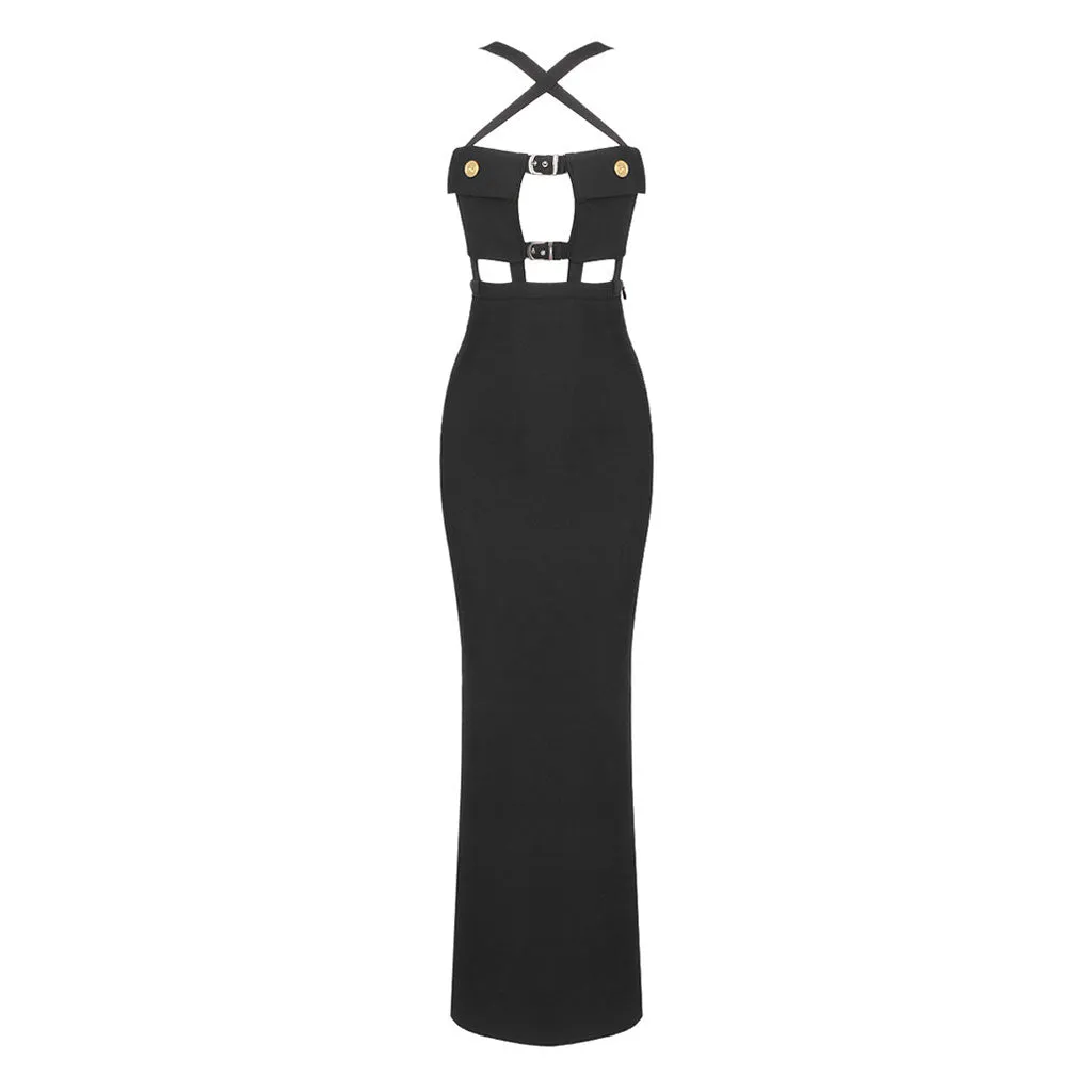 Sexy Crossover Front Chest Pocket Cutout Buckled Strap Split Maxi Evening Dress