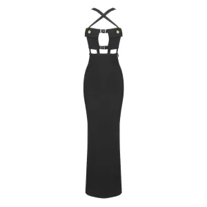 Sexy Crossover Front Chest Pocket Cutout Buckled Strap Split Maxi Evening Dress