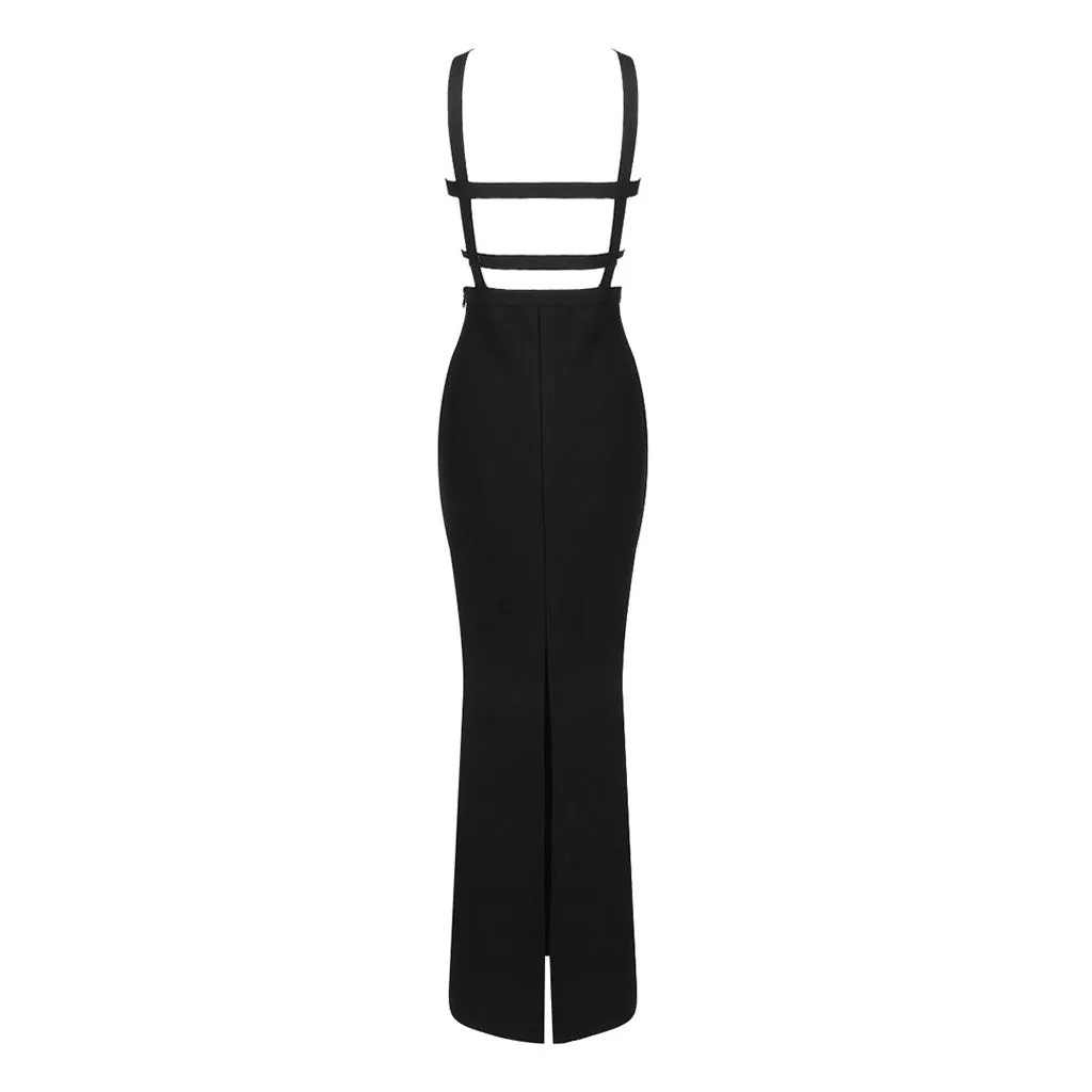 Sexy Crossover Front Chest Pocket Cutout Buckled Strap Split Maxi Evening Dress